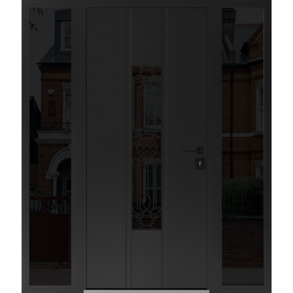 Front Exterior Prehung Steel Door / Ronex 1477 Black Enamel / 2 Sidelight Exterior Windows Sidelites/ Stainless Inserts Entry Metal Modern Painted W16+36+16" x H80" Left hand Inswing