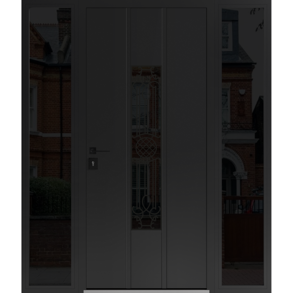 Front Exterior Prehung Steel Door / Ronex 1477 Black Enamel / 2 Sidelight Exterior Windows Sidelites/ Stainless Inserts Entry Metal Modern Painted W16+36+16" x H80" Right hand Inswing