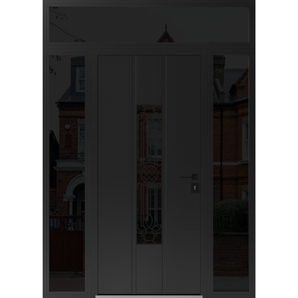 Front Exterior Prehung Steel Door / Ronex 1477 Black Enamel / 2 Sidelight and Transom Window Sidelite / Stainless Inserts Entry Metal Modern Painted W12+36+12" x H80+16" Left hand Inswing