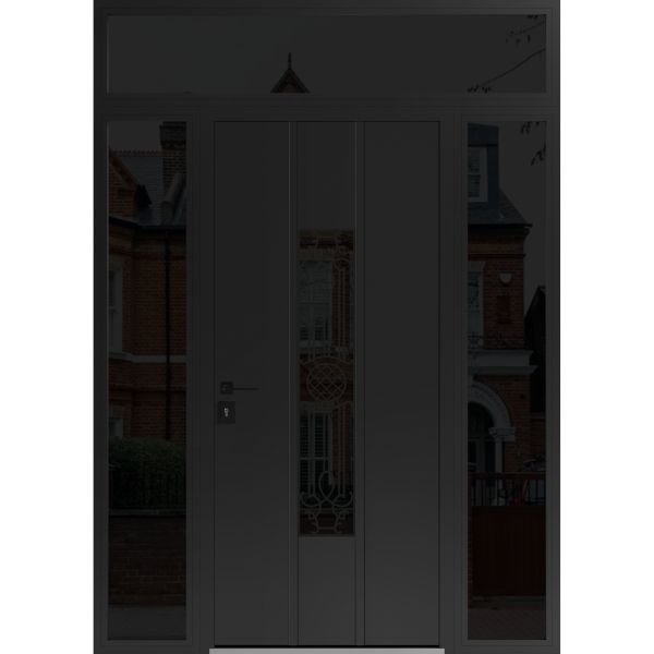 Front Exterior Prehung Steel Door / Ronex 1477 Black Enamel / 2 Sidelight and Transom Window Sidelite / Stainless Inserts Entry Metal Modern Painted W14+36+14" x H80+16" Right hand Inswing