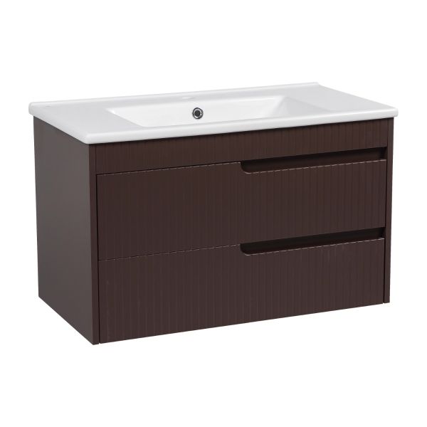 Modern Wall-Mount Bathroom Vanity with Washbasin | Judi Brown Matte Collection | Non-Toxic Fire-Resistant MDF-34"