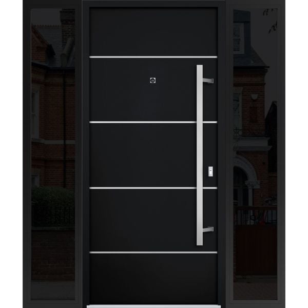 Front Exterior Prehung Steel Door / Deux 6083 Black Enamel / 2 Sidelight Exterior Windows Sidelites/ Stainless Inserts Entry Metal Modern Painted W16+36+16" x H80" Left hand Inswing