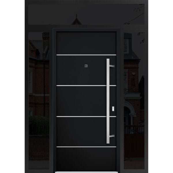 Front Exterior Prehung Steel Door / Deux 6083 Black Enamel / 2 Sidelight and Transom Window Sidelite / Stainless Inserts Entry Metal Modern Painted W12+36+12" x H80+16" Left hand Inswing