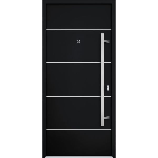 Front Exterior Prehung Steel Door / Deux 6083 Black Enamel / Stainless Inserts Entry Metal Modern Painted W36" x H80" Left hand Inswing