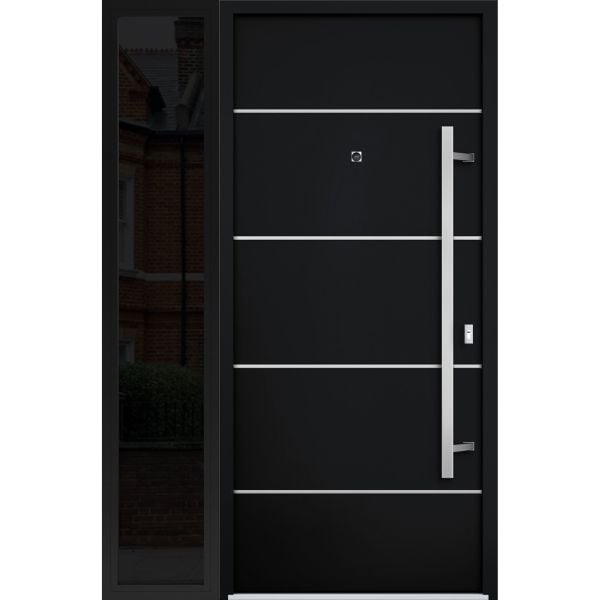 Front Exterior Prehung Steel Door / Deux 6083 Black Enamel / Sidelight Exterior Window Sidelite / Stainless Inserts Entry Metal Modern Painted W36+12" x H80" Left hand Inswing