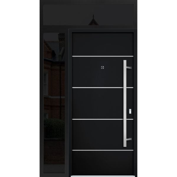 Front Exterior Prehung Steel Door / Deux 6083 Black Enamel / Sidelight and Transom Window Sidelite / Stainless Inserts Entry Metal Modern Painted W36+12" x H80+16" Left hand Inswing
