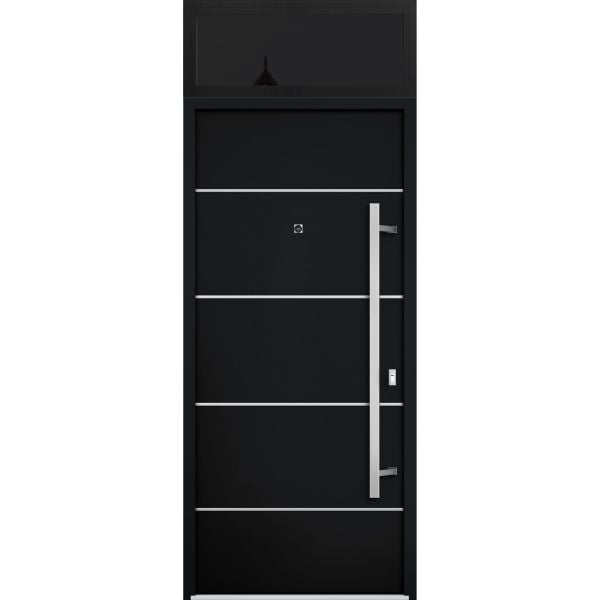 Front Exterior Prehung Steel Door / Deux 6083 Black Enamel / Transom Window Sidelite / Stainless Inserts Entry Metal Modern Painted W36" x H80+16" Left hand Inswing
