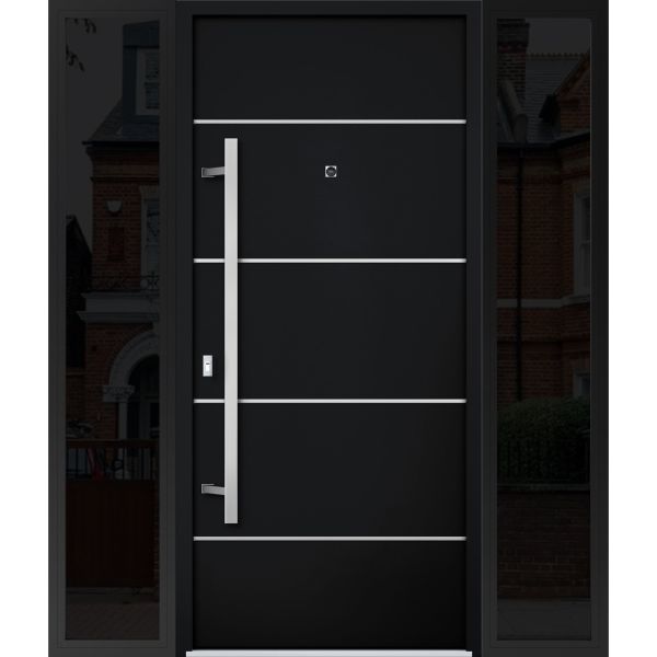 Front Exterior Prehung Steel Door / Deux 6083 Black Enamel / 2 Sidelight Exterior Windows Sidelites/ Stainless Inserts Entry Metal Modern Painted W14+36+14" x H80" Right hand Inswing
