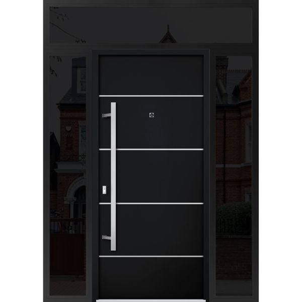 Front Exterior Prehung Steel Door / Deux 6083 Black Enamel / 2 Sidelight and Transom Window Sidelite / Stainless Inserts Entry Metal Modern Painted W16+36+16" x H80+16" Right hand Inswing