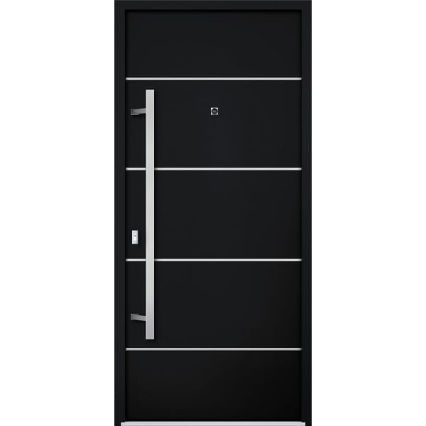 Front Exterior Prehung Steel Door / Deux 6083 Black Enamel / Stainless Inserts Entry Metal Modern Painted W36" x H80" Right hand Inswing