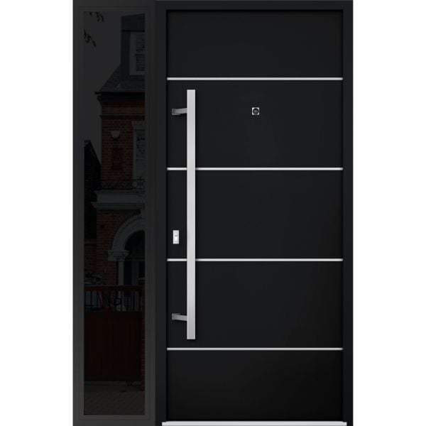 Front Exterior Prehung Steel Door / Deux 6083 Black Enamel / Sidelight Exterior Window Sidelite / Stainless Inserts Entry Metal Modern Painted W36+12" x H80" Right hand Inswing