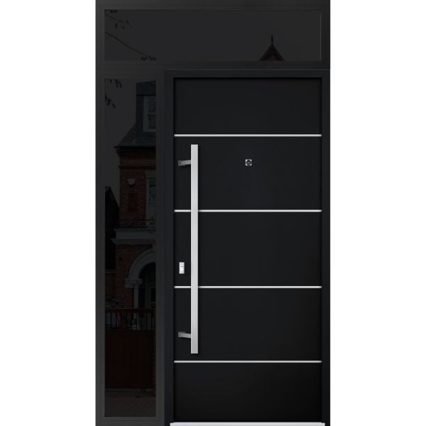 Front Exterior Prehung Steel Door / Deux 6083 Black Enamel / Sidelight and Transom Window Sidelite / Stainless Inserts Entry Metal Modern Painted W36+16" x H80+16" Right hand Inswing