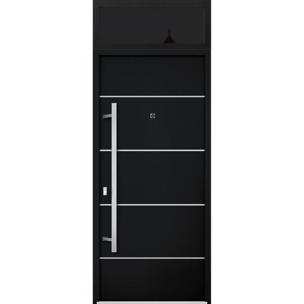Front Exterior Prehung Steel Door / Deux 6083 Black Enamel / Transom Window Sidelite / Stainless Inserts Entry Metal Modern Painted W36" x H80+16" Right hand Inswing
