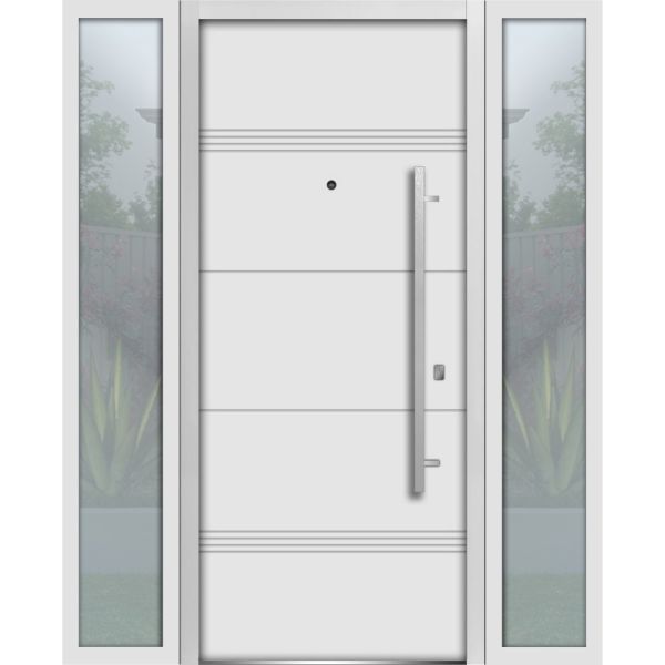 Front Exterior Prehung Steel Door / Deux 1705 White Enamel / 2 Sidelight Exterior Black Windows / Stainless Inserts Single Modern Painted-W12+36+12" x H80"-Left-hand Inswing