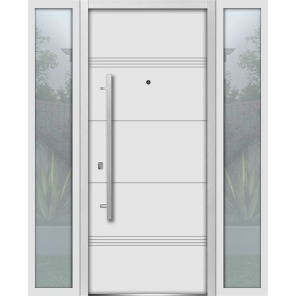 Front Exterior Prehung Steel Door / Deux 1705 White Enamel / 2 Sidelight Exterior Black Windows / Stainless Inserts Single Modern Painted-W16+36+16" x H80"-Left-hand Inswing