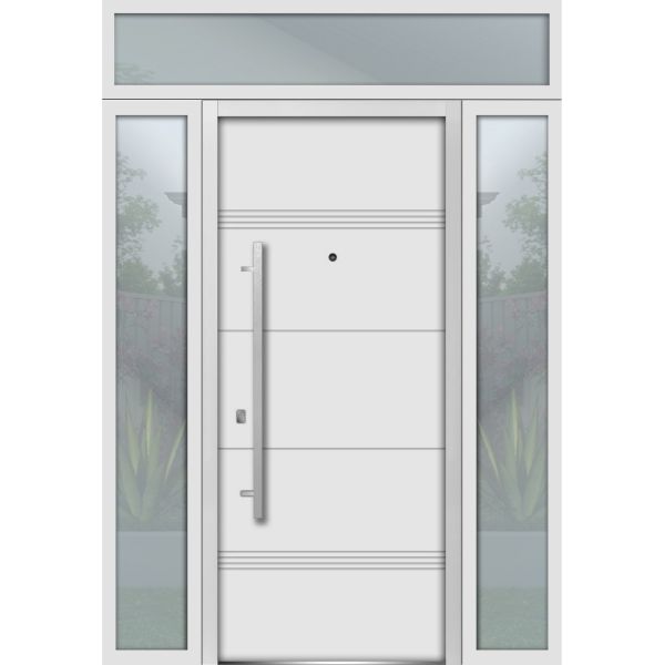 Front Exterior Prehung Steel Door / Deux 1705 White Enamel / 2 Side and Top Exterior Black Window / Stainless Inserts Single Modern Painted-W12+36+12" x H80+16"-Right-hand Inswing
