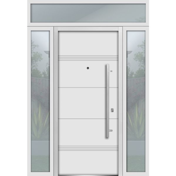 Front Exterior Prehung Steel Door / Deux 1705 White Enamel / 2 Sidelight and Transom Black Window / Stainless Inserts Single Modern Painted-W12+36+12" x H80+16"-Left-hand Inswing