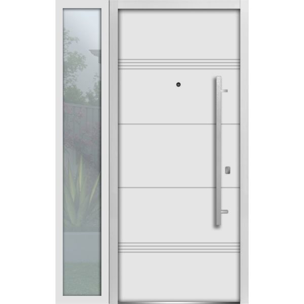 Front Exterior Prehung Steel Door / Deux 1705 White Enamel / Sidelight Exterior Black Window / Stainless Inserts Single Modern Painted-W36+12" x H80"-Left-hand Inswing