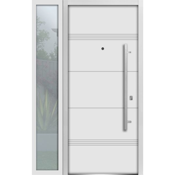 Front Exterior Prehung Steel Door / Deux 1705 White Enamel / Sidelight Exterior Black Window / Stainless Inserts Single Modern Painted-W36+16" x H80"-Left-hand Inswing
