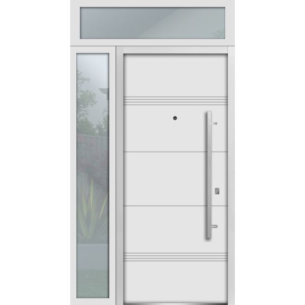 Front Exterior Prehung Steel Door / Deux 1705 White Enamel / Sidelight and Transom Black Window / Stainless Inserts Single Modern Painted-W36+12" x H80+16"-Left-hand Inswing