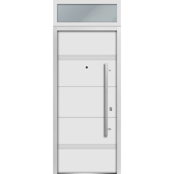 Front Exterior Prehung Steel Door / Deux 1705 White Enamel / Transom Black Window / Stainless Inserts Single Modern Painted-W36" x H80+16"-Left-hand Inswing