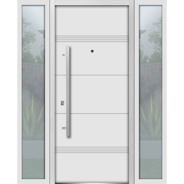 Front Exterior Prehung Steel Door / Deux 1705 White Enamel / 2 Side Exterior Black Windows / Stainless Inserts Single Modern Painted-W12+36+12" x H80"-Right-hand Inswing