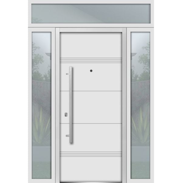 Front Exterior Prehung Steel Door / Deux 1705 White Enamel / 2 Side and Top Exterior Black Window / Stainless Inserts Single Modern Painted-W12+36+12" x H80+16"-Right-hand Inswing
