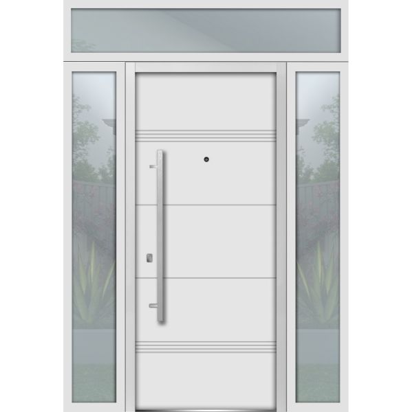 Front Exterior Prehung Steel Door / Deux 1705 White Enamel / 2 Sidelight and Transom Black Window / Stainless Inserts Single Modern Painted-W16+36+16" x H80+16"-Right-hand Inswing