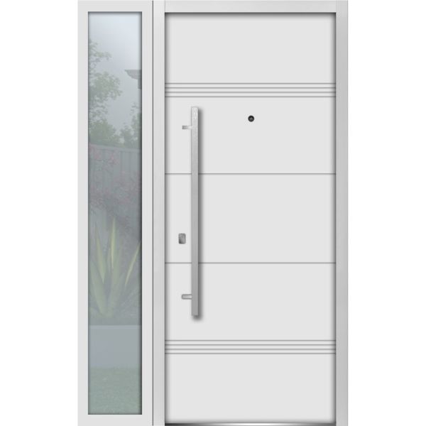 Front Exterior Prehung Steel Door / Deux 1705 White Enamel / Sidelight Exterior Black Window / Stainless Inserts Single Modern Painted-W36+14" x H80"-Right-hand Inswing