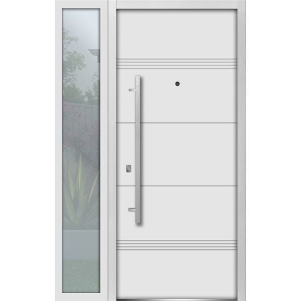 Front Exterior Prehung Steel Door / Deux 1705 White Enamel / Side Exterior Black Window /  Stainless Inserts Single Modern Painted-W36+12" x H80"-Right-hand Inswing
