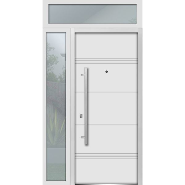 Front Exterior Prehung Steel Door / Deux 1705 White Enamel / Sidelight and Transom Black Window / Stainless Inserts Single Modern Painted-W36+16" x H80+16"-Right-hand Inswing