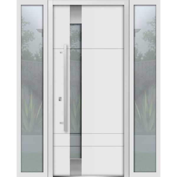 Front Exterior Prehung Steel Door / Deux 1713 White Enamel / 2 Side Exterior Black Windows / Stainless Inserts Single Modern Painted-W12+36+12" x H80"-Right-hand Inswing
