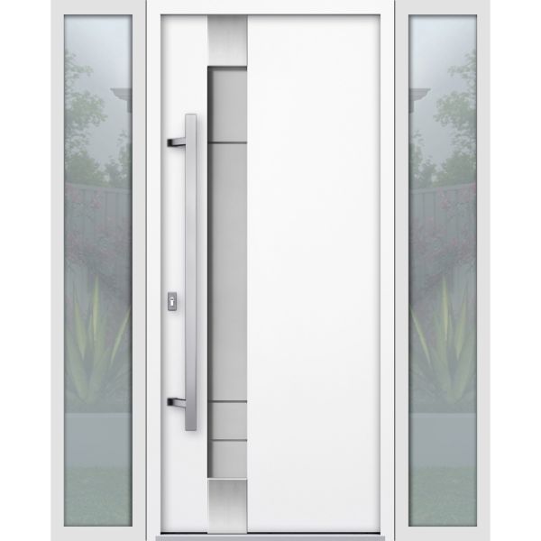 Front Exterior Prehung Steel Door / Deux 1713 White Enamel / 2 Sidelight Exterior Black Windows / Stainless Inserts Single Modern Painted-W14+36+14" x H80"-Right-hand Inswing