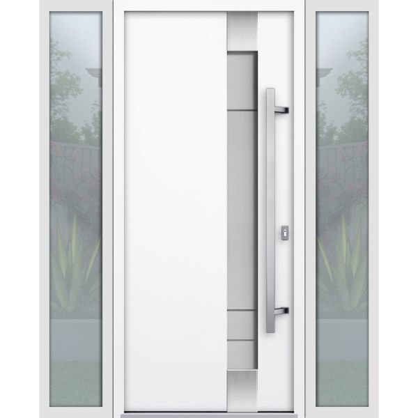 Front Exterior Prehung Steel Door / Deux 1713 White Enamel / 2 Sidelight Exterior Black Windows / Stainless Inserts Single Modern Painted-W14+36+14" x H80"-Left-hand Inswing