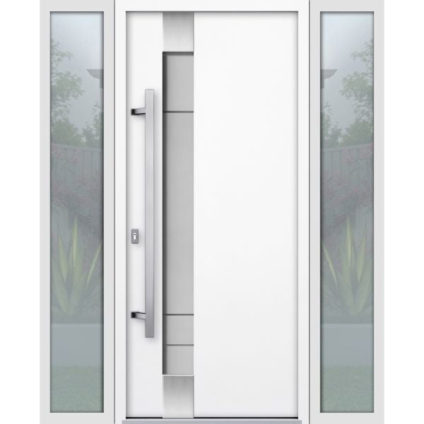 Front Exterior Prehung Steel Door / Deux 1713 White Enamel / 2 Sidelight Exterior Black Windows / Stainless Inserts Single Modern Painted-W16+36+16" x H80"-Right-hand Inswing