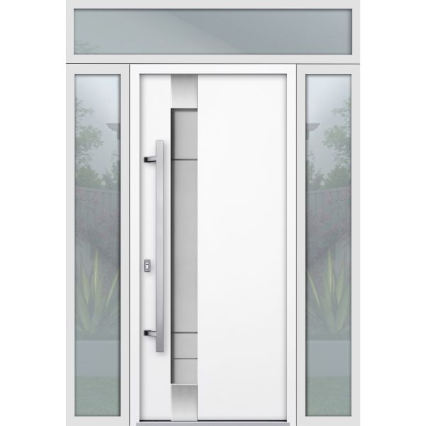 Front Exterior Prehung Steel Door / Deux 1713 White Enamel / 2 Sidelight and Transom Black Window / Stainless Inserts Single Modern Painted-W14+36+14" x H80+16"-Right-hand Inswing