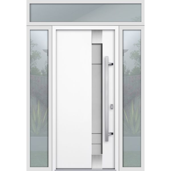Front Exterior Prehung Steel Door / Deux 1713 White Enamel / 2 Sidelight and Transom Black Window / Stainless Inserts Single Modern Painted-W14+36+14" x H80+16"-Left-hand Inswing