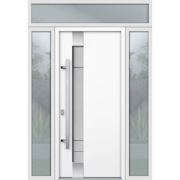 Front Exterior Prehung Steel Door / Deux 1713 White Enamel / 2 Sidelight and Transom Black Window / Stainless Inserts Single Modern Painted-W16+36+16" x H80+16"-Right-hand Inswing