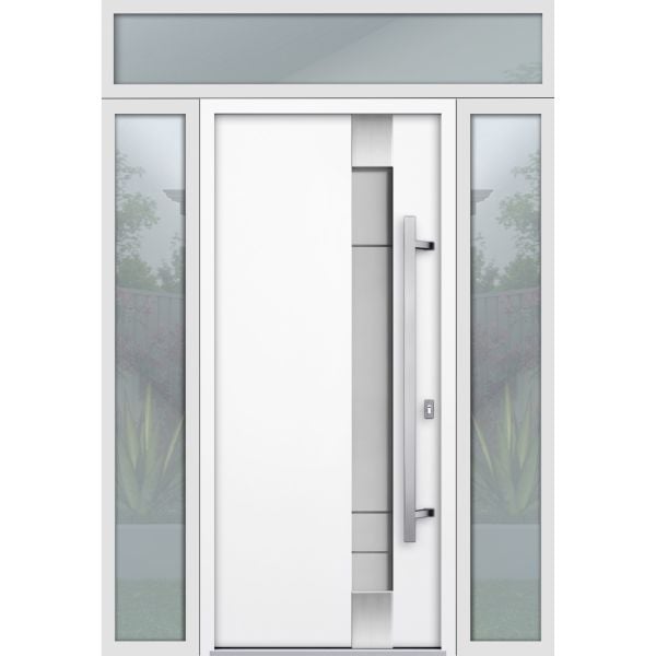 Front Exterior Prehung Steel Door / Deux 1713 White Enamel / 2 Sidelight and Transom Black Window / Stainless Inserts Single Modern Painted-W16+36+16" x H80+16"-Left-hand Inswing