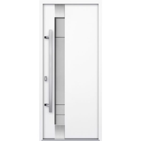 Front Exterior Prehung Steel Door / Deux 1713 White Enamel / Stainless Inserts Single Modern Painted