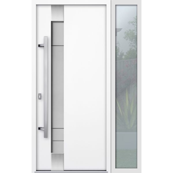 Front Exterior Prehung Steel Door / Deux 1713 White Enamel / Sidelight Exterior Black Window / Stainless Inserts Single Modern Painted-W36+14" x H80"-Right-hand Inswing