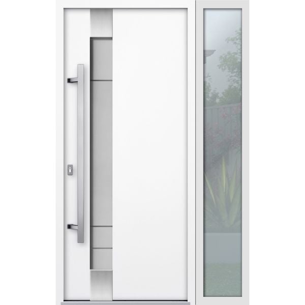 Front Exterior Prehung Steel Door / Deux 1713 White Enamel / Sidelight Exterior Black Window / Stainless Inserts Single Modern Painted-W36+16" x H80"-Right-hand Inswing