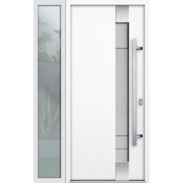 Front Exterior Prehung Steel Door / Deux 1713 White Enamel / Sidelight Exterior Black Window / Stainless Inserts Single Modern Painted-W36+16" x H80"-Left-hand Inswing