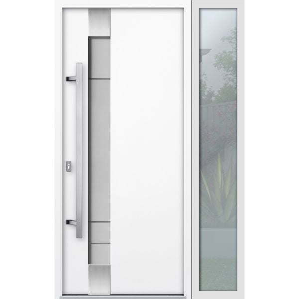 Front Exterior Prehung Steel Door / Deux 1713 White Enamel / Side Exterior Black Window /  Stainless Inserts Single Modern Painted-W36+12" x H80"-Right-hand Inswing
