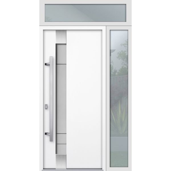 Front Exterior Prehung Steel Door / Deux 1713 White Enamel / Sidelight and Transom Black Window / Stainless Inserts Single Modern Painted-W36+16" x H80+16"-Right-hand Inswing