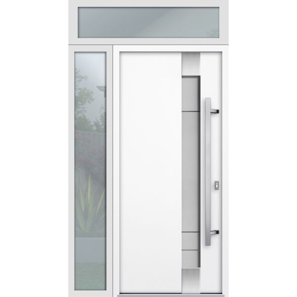 Front Exterior Prehung Steel Door / Deux 1713 White Enamel / Sidelight and Transom Black Window / Stainless Inserts Single Modern Painted-W36+16" x H80+16"-Left-hand Inswing