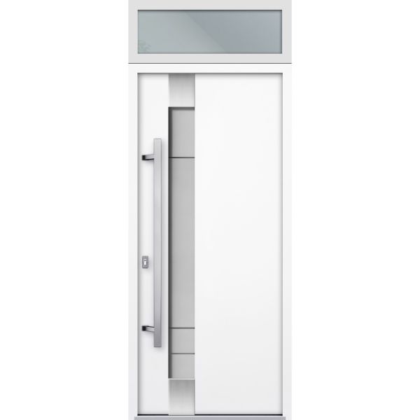 Front Exterior Prehung Steel Door / Deux 1713 White Enamel / Transom Black Window / Stainless Inserts Single Modern Painted-W36" x H80+16"-Right-hand Inswing