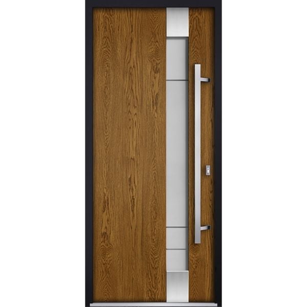 Front Exterior Prehung Steel Door / Deux 1713 Natural Oak / Stainless Inserts Single Modern Painted