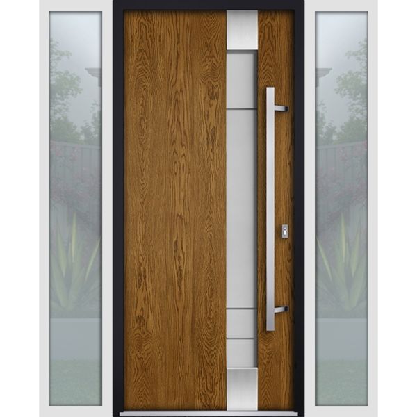 Front Exterior Prehung Steel Door / Deux 1713 Natural Oak / 2 Sidelight Exterior White Windows / Stainless Inserts Single Modern Painted-W12+36+12" x H80"-Left-hand Inswing