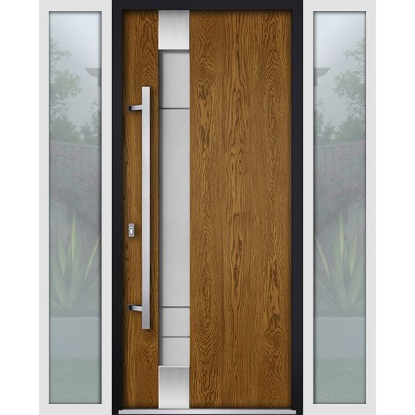 Front Exterior Prehung Steel Door / Deux 1713 Natural Oak / 2 Sidelight Exterior White Windows / Stainless Inserts Single Modern Painted-W16+36+16" x H80"-Right-hand Inswing